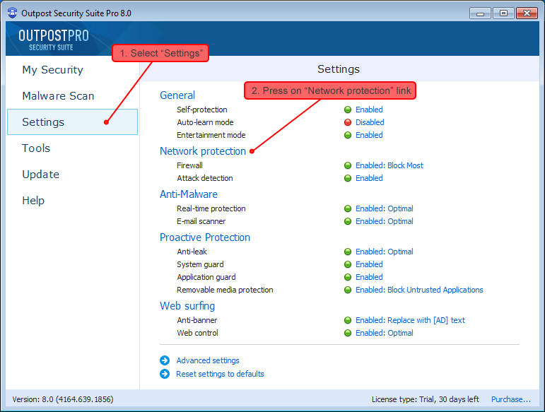 Outpost Security Suite settings 1